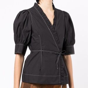 Ganni Puff Sleeve Ruffle Wrap Top